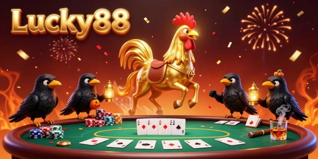 Experience exciting wins at Lucky88 casino with the magical golden rooster and vibrant gambling action.