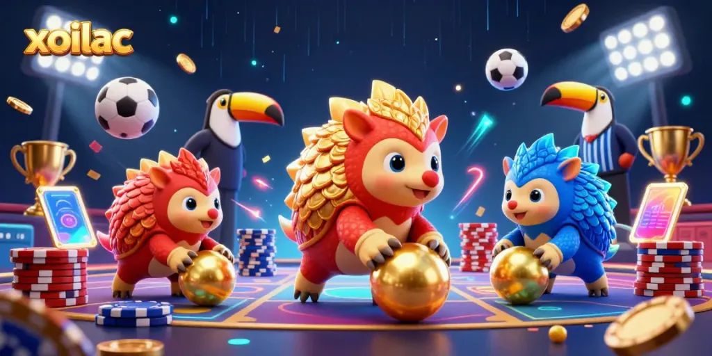 Xoilac combines dynamic sports betting with vibrant pangolin characters and rich visual elements in a playful illustration.