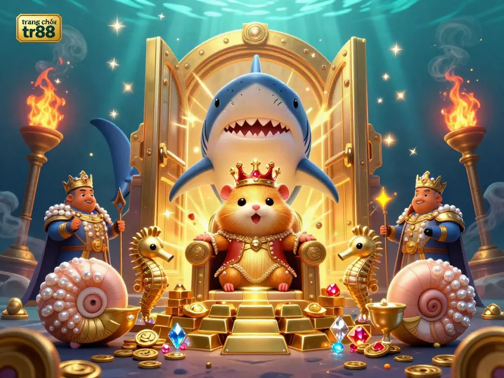 Bask in the royal treasure of the tiny golden hamster king on trang chủ tr88, amidst jewels and gold.