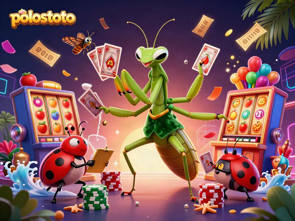Experience the vibrant action of polostoto with a unique illustrated casino scene featuring slot reels and lively characters.