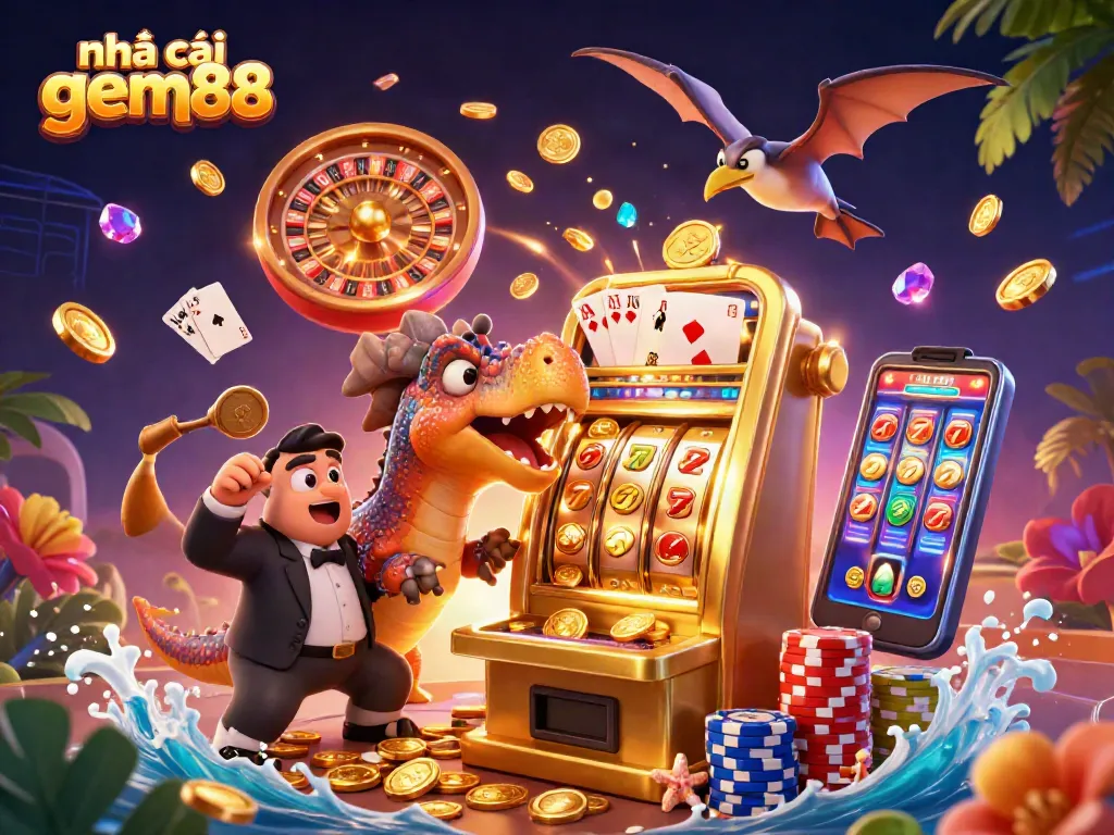 Experience the thrill at nhà cái gem88 with a cartoon dinosaur and slot machine!
