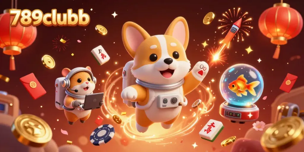 Experience 789clubb's thrilling casino in a captivating scene with playful characters and festive elements.