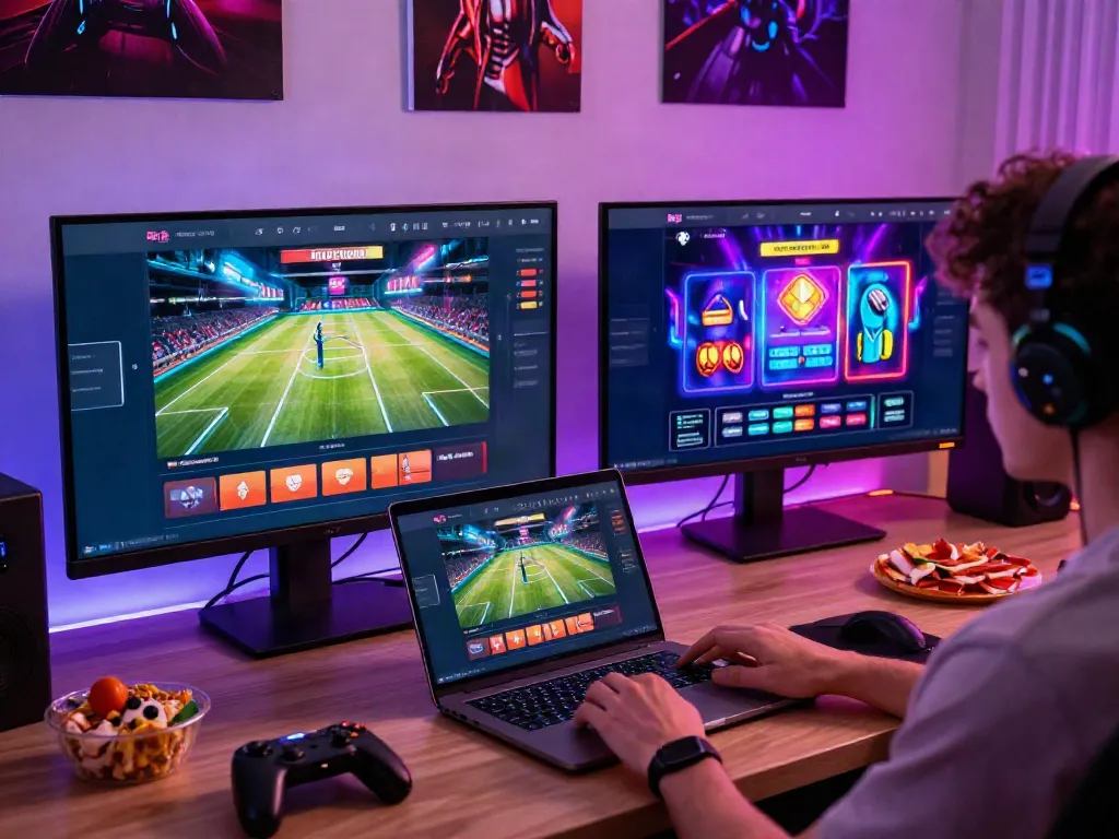 User enjoying the vibrant online experience of link five88 on a modern gaming setup with colorful graphics and snacks.