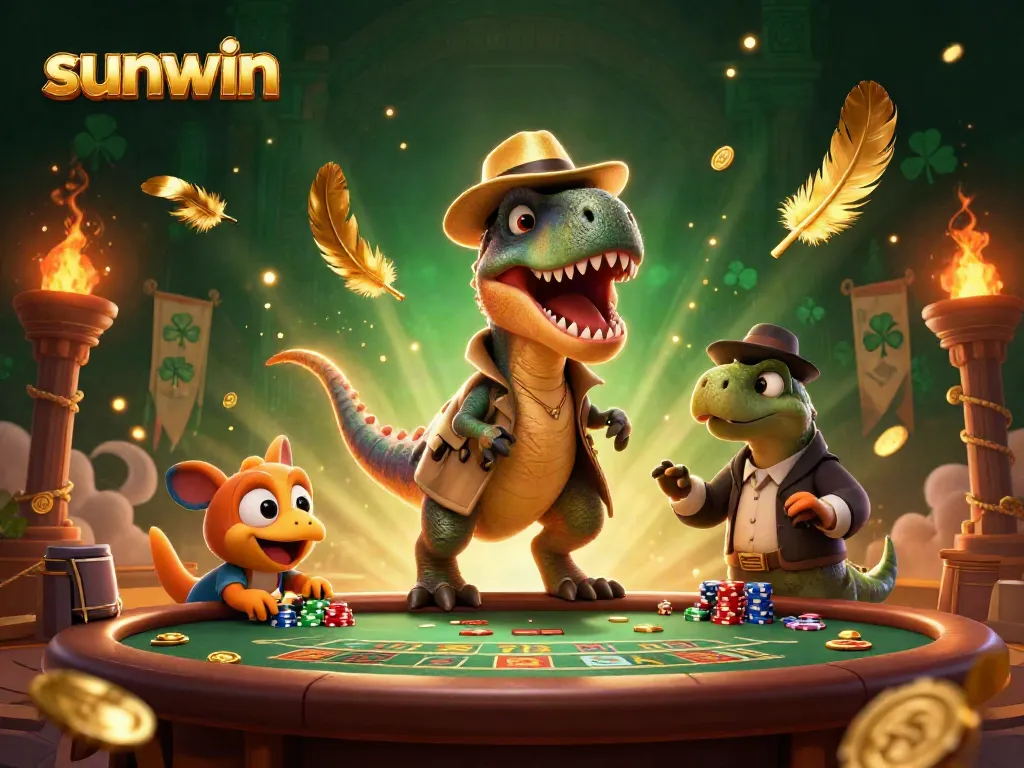 Experience the thrilling world of gambling with sunwin as a velociraptor games player at a blackjack table surrounded by vibrant casino elements.