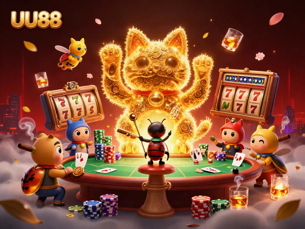 UU88 showcases a vibrant lucky cat made of fireflies, surrounded by casino symbols and action.