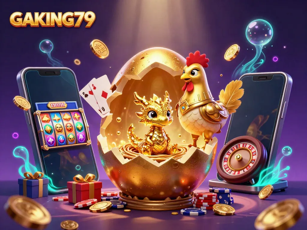 Experience a vibrant GAKING79 scene with a golden dragon, poker chips, and slots bursting with color.