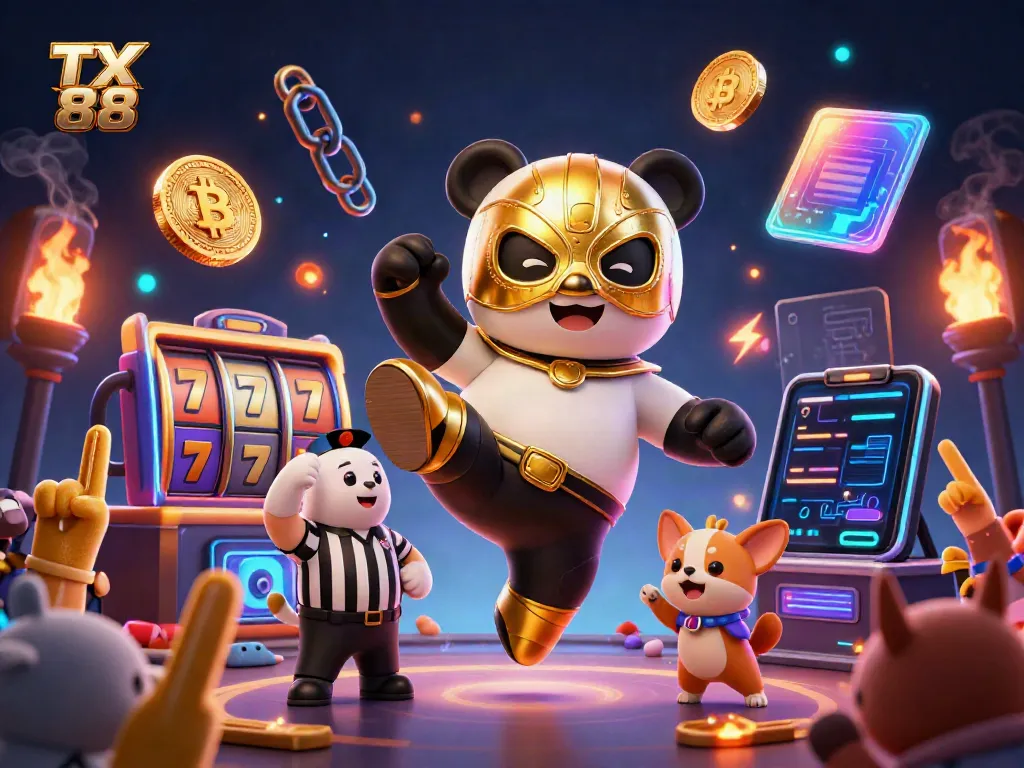 Exciting TX 88 casino scene featuring animated panda in lucha libre mask kicking, with vibrant bingo elements.