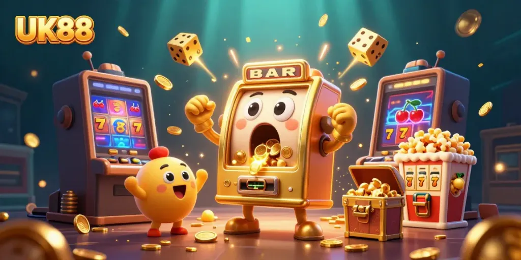 Celebrate with UK88's exciting jackpot features and engaging gameplay elements in this vibrant casino illustration.