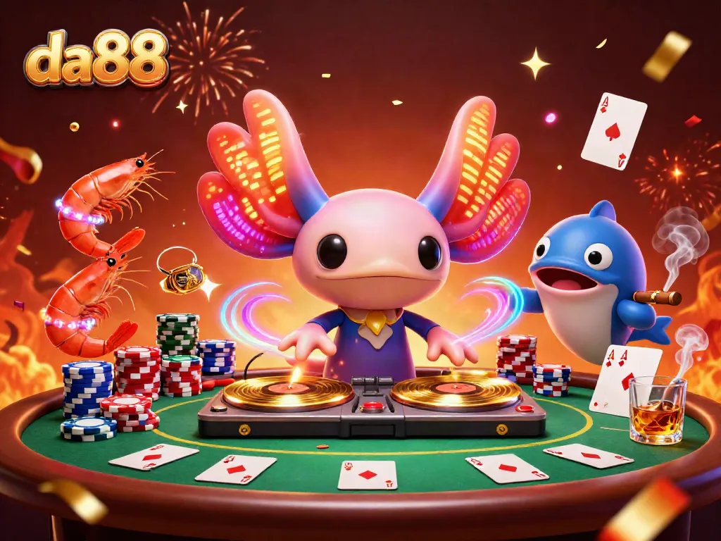 Experience the vibrant atmosphere of da88 with a neon-colored DJ, poker chips, and colorful party decorations.