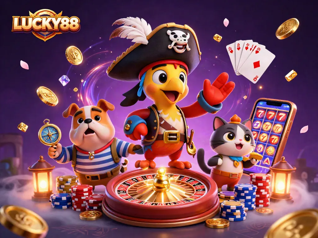 LUCKY88 engages players with a vibrant 3D casino scene of thrilling games and colorful characters.