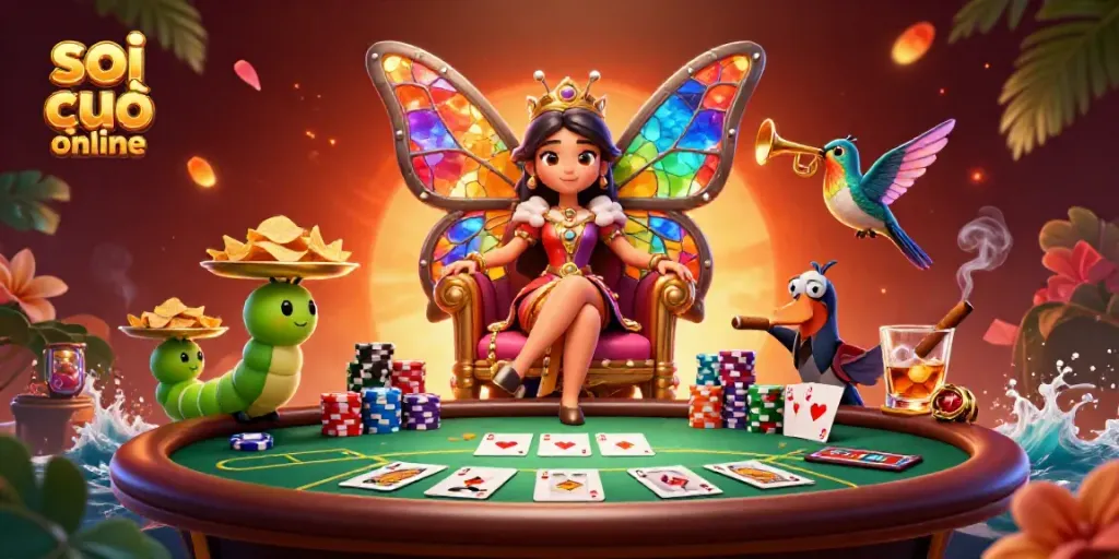 Experience the magic of soi cầu online with a vibrant casino scene featuring a butterfly queen and poker elements.