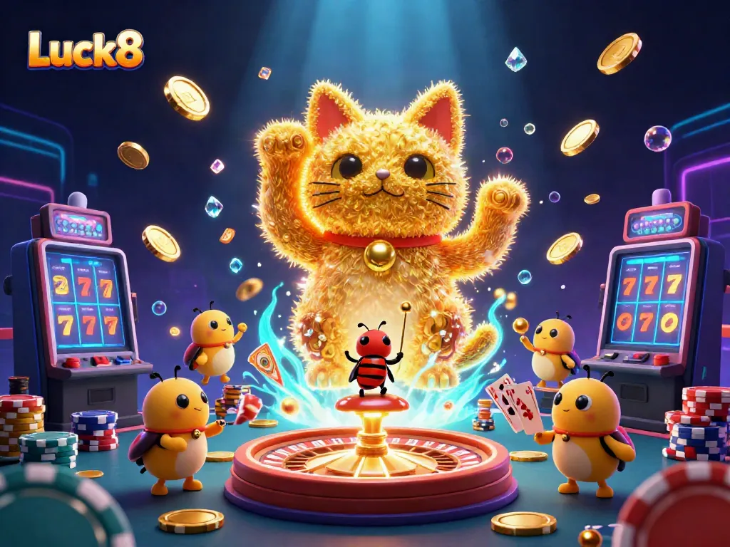 Experience Luck8 in action with a vibrant 3D rendering of a lucky cat and dynamic casino symbols.