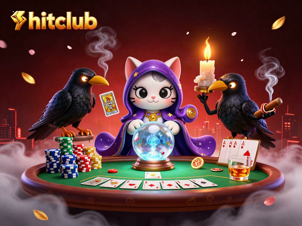 Experience the thrill at hitclub with a dynamic 3D casino scene featuring mystical characters and poker elements.