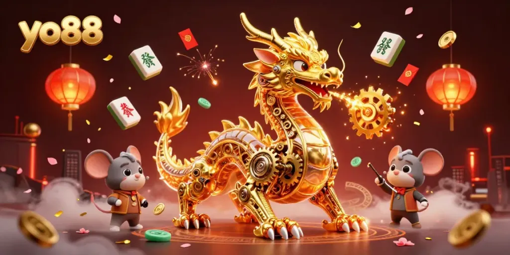 Engage in exciting gameplay at yo88 with a golden dragon, magical elements, and vibrant casino atmosphere.