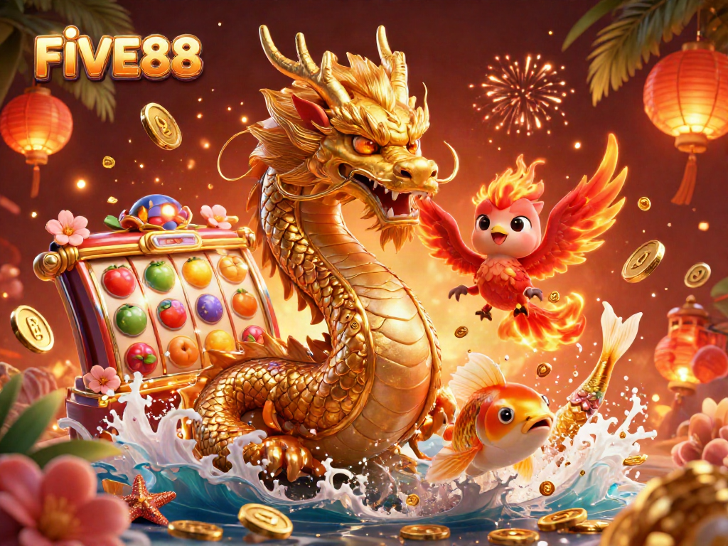 Experience thrill and excitement with FIVE88 as a dragon, phoenix, and koi fish symbolize winning in a rich casino scene.