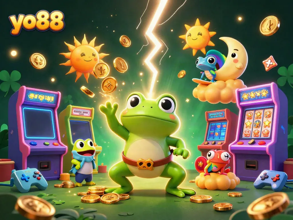 Immerse yourself in the magical world of yo88 as a wizard frog conjures golden coins in an electrifying gambling scene.