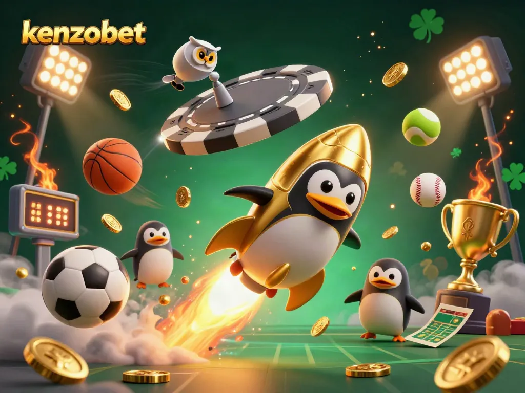 Experience gaming excitement with kenzobet as a golden penguin flies through a rich casino-themed space.