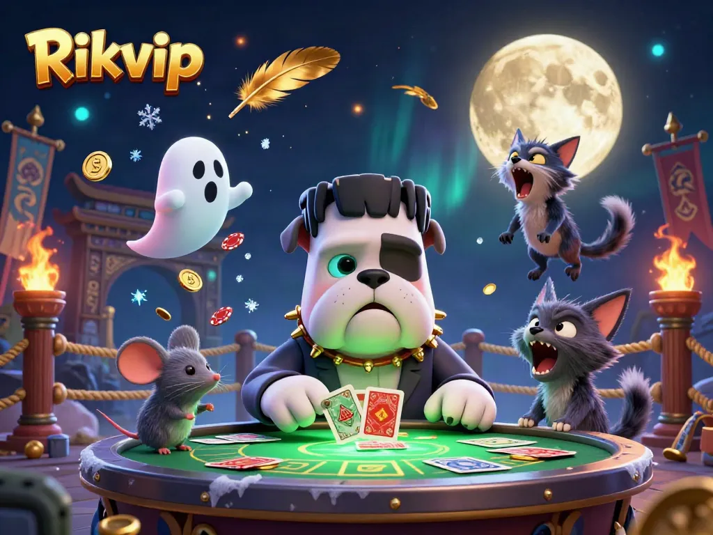 Engage in thrilling card games with Rikvip's lively 3D casino scene featuring unique characters.