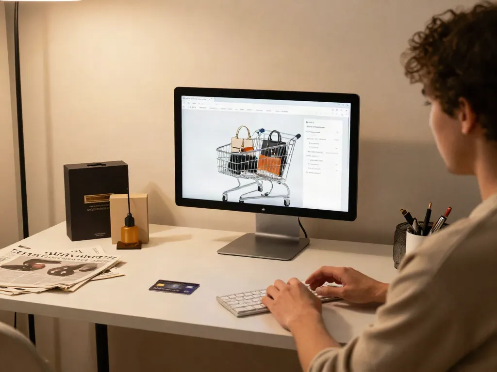 Browsing a Replica Shop online for premium designer bags and shoes.
