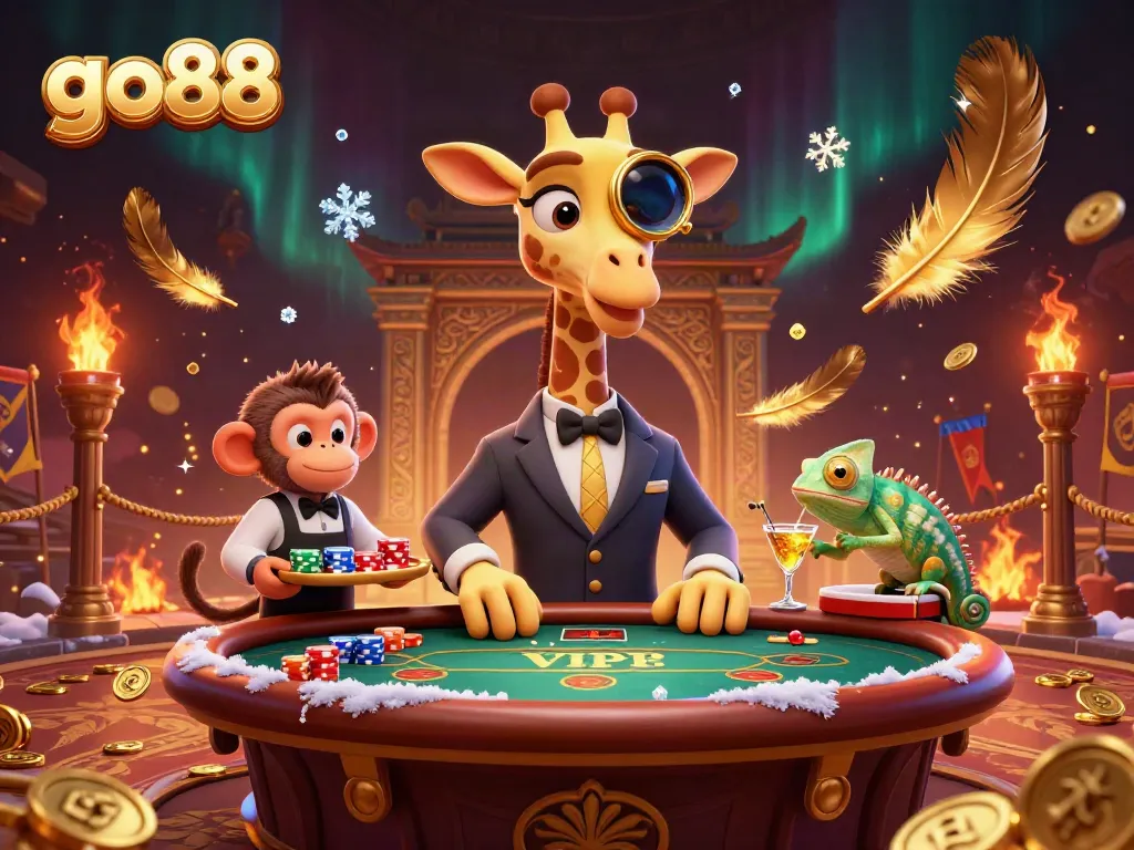 Engage with go88’s vibrant casino atmosphere featuring a giraffe and monkey at a VIP poker table.