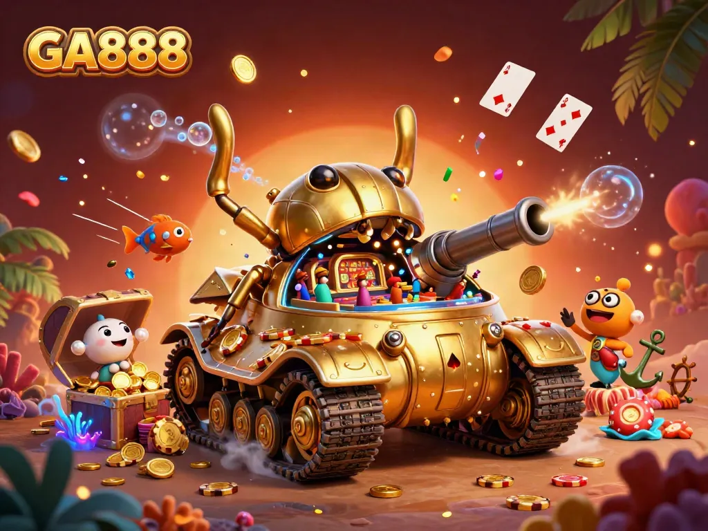 Experience the thrilling GA888 casino adventure with a dynamic golden beetle tank showcasing a miniature casino.