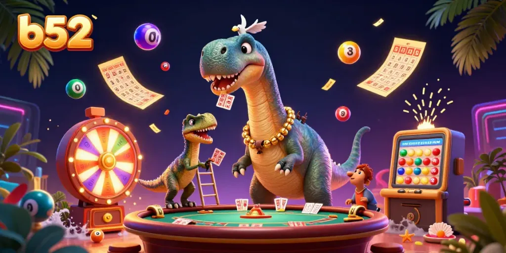 B52 engages players with vibrant casino elements featuring a giant brontosaurus and a raptor dealer.