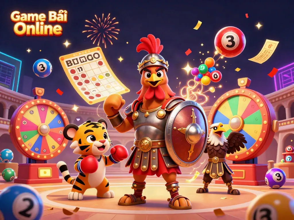 Engaging Game Bài Online scene with dynamic gambling elements and characters in 3D illustration.