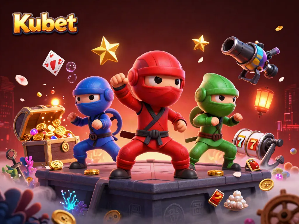 Kubet's vibrant gaming scene with chameleon ninjas showcasing synchronized moves amidst slot reels and scattered treasures.