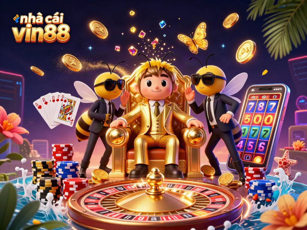 Experience the thrill of nhà cái vin88 with a vibrant 3D casino scene rich in gaming elements.
