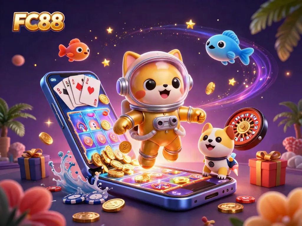 Play engaging FC88 slot games with vibrant characters in a dynamic casino illustration.