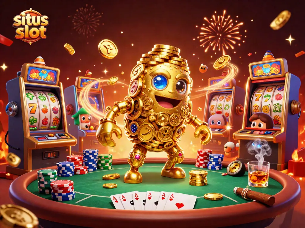 Visual menakjubkan situs slot dengan golem emas dan mesin slot berputar penuh detail.
