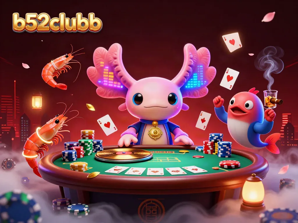 Engage with b52clubb's neon-themed casino experience, featuring vibrant 3D characters and game elements.