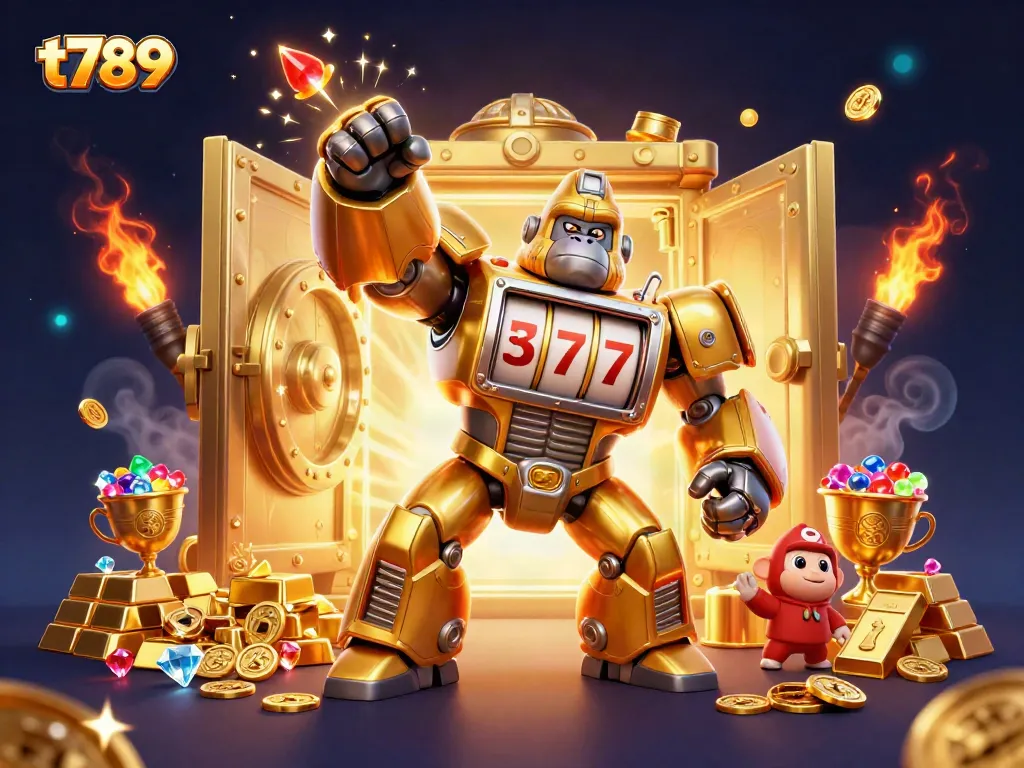 Experience thrilling action with t789 in this vibrant 3D illustrated scene featuring a golden gorilla mech and treasure.
