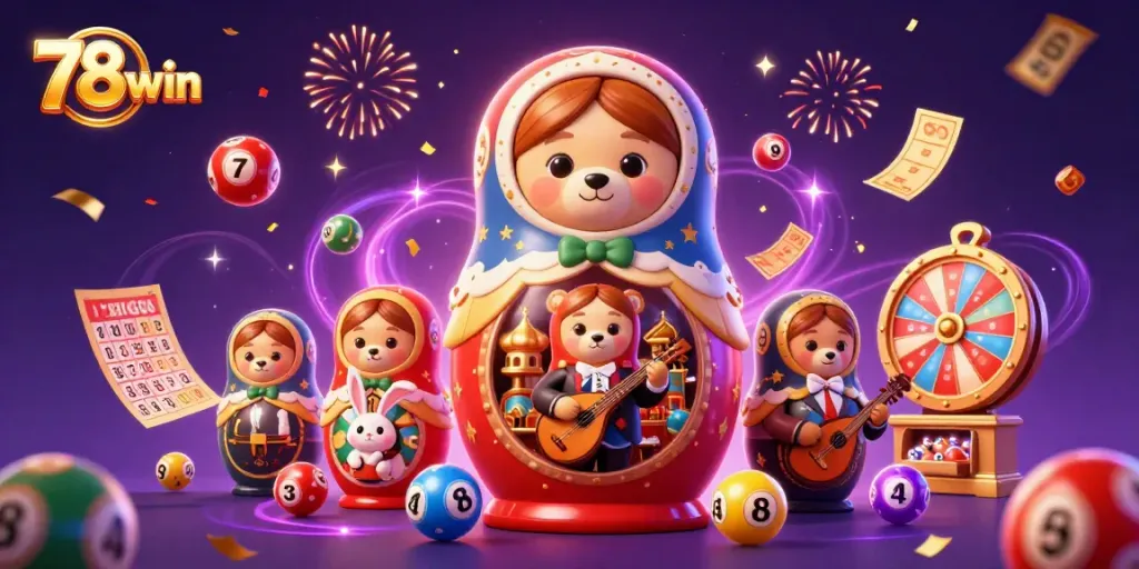 Experience the excitement of 78win with vibrant casino elements and festive characters.