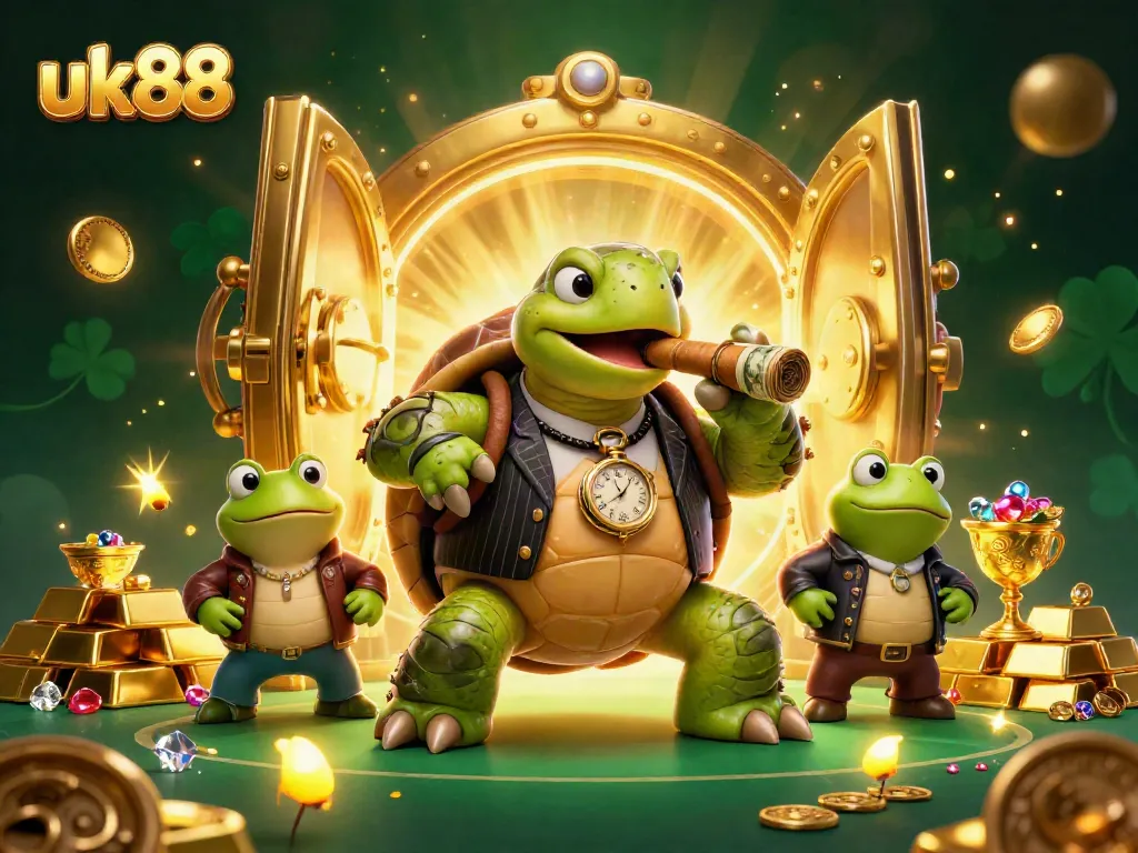 Experience the thrilling atmosphere of uk88 with a cartoon turtle mobster in a casino, surrounded by treasure and dynamic elements.