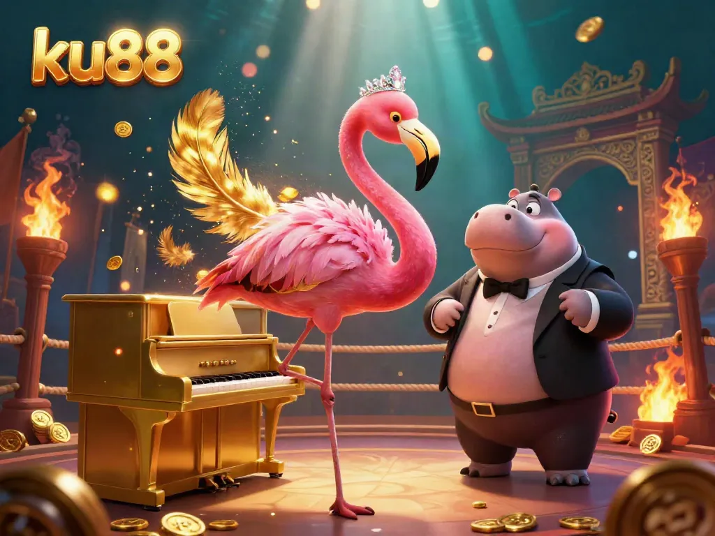 Engage with ku88's lively casino scene illustrating a flamingo singer and hippo bassist amidst glittering elements.