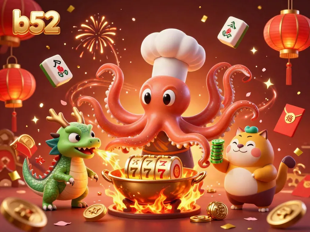 B52 casino illustration with a sushi chef octopus preparing golden slot reels, dragon companion, vivid casino elements.
