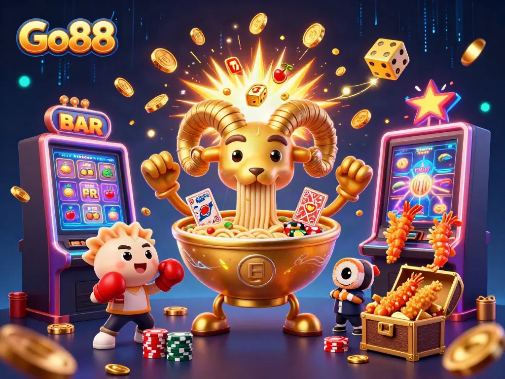 Experience the excitement of Go88 with this dynamic casino-themed 3D illustration showcasing vibrant characters and game elements.