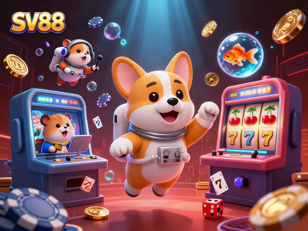 Engage with SV88 gaming in a vibrant casino scene featuring a corgi astronaut, slot machines, and festive decorations.
