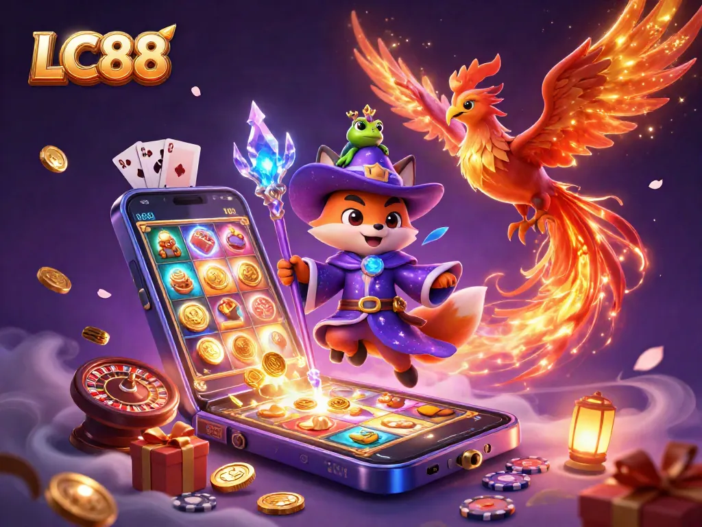 Experience thrilling casino action at LC88 with a magical scene featuring a wizard, phoenix, and slot games.