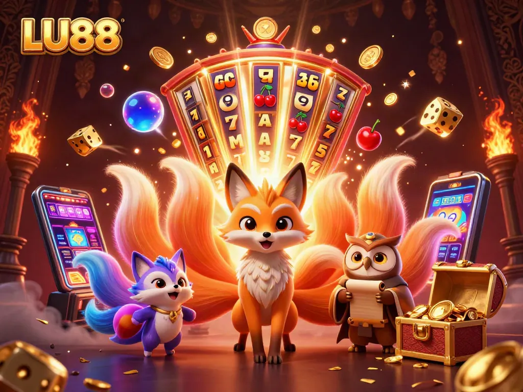 LU88 offers a vibrant casino experience with a magical nine-tailed fox, illuminated slot machines, and plenty of dynamic gaming elements.