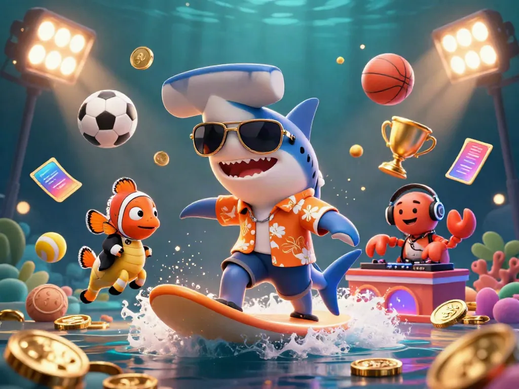 Engage with the vibrant ea88 trang chủ scene, featuring a cartoon shark surfing coins, embodying the thrill of online gambling.