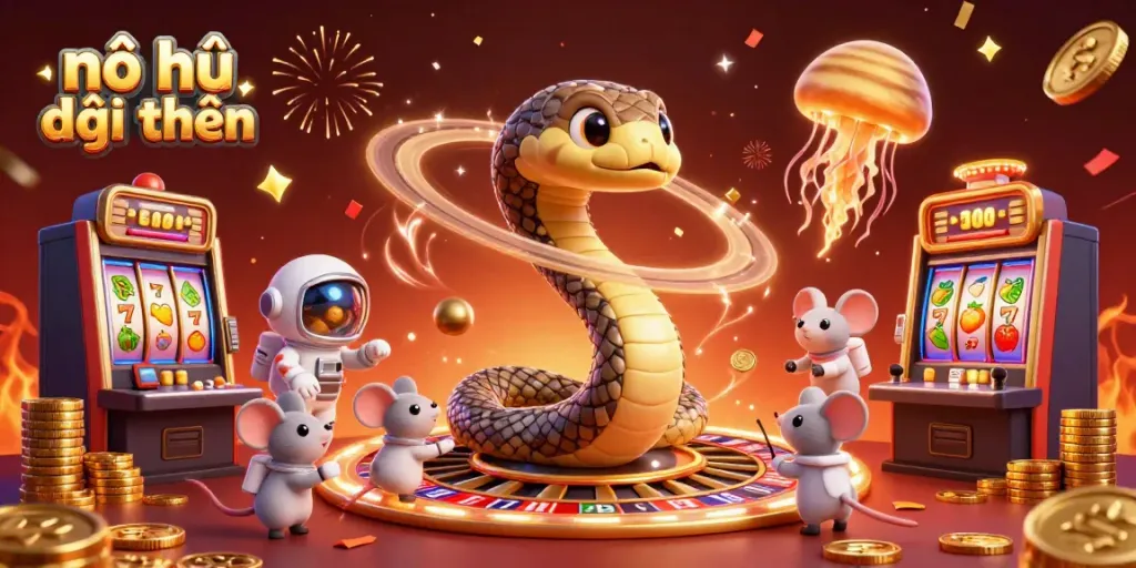 Experience the excitement of nổ hũ đổi thưởng with animated characters, dazzling slot machines, and vibrant cosmic elements.