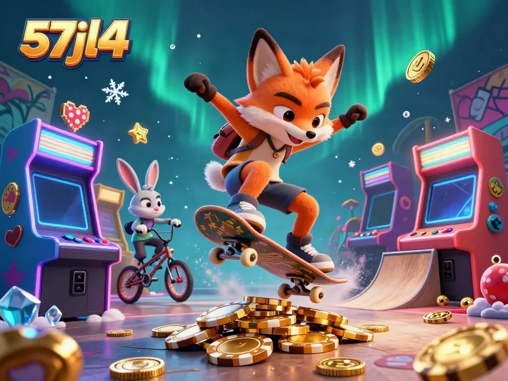 Engaging 3D image of skateboarder fox and BMX rabbit promoting 57jl4 casino features