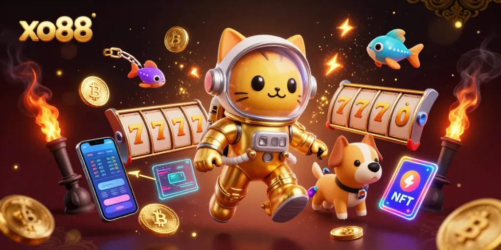 Spin the reels at xo88 with a vibrant cosmic scene featuring slots, coins, and playful characters.