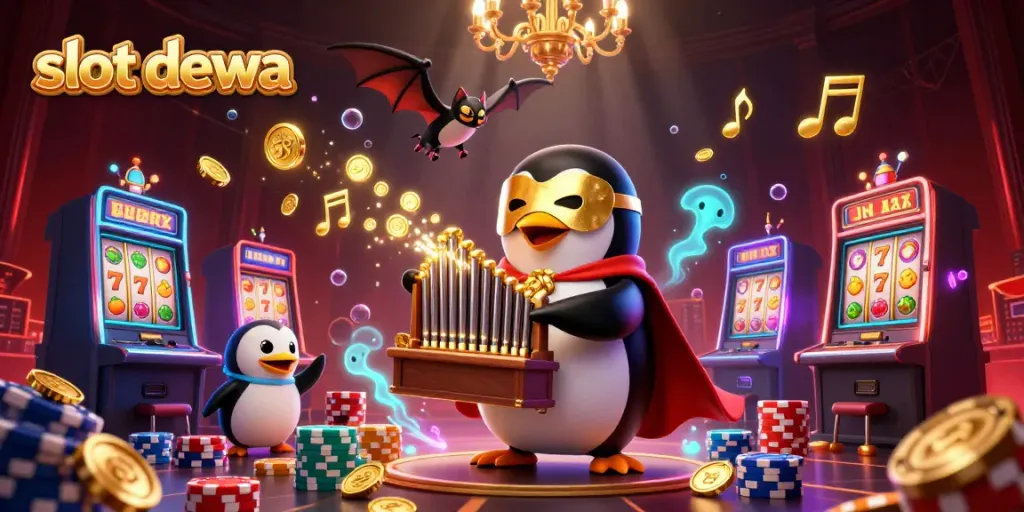 Experience the thrill of slot dewa with a vibrant 3D illustration featuring slots, coins, and animated characters.