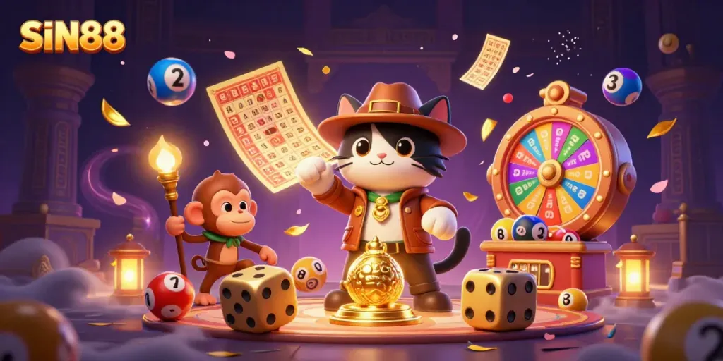 SIN88 showcases an archaeologist cat discovering a golden artifact in a vibrant casino-themed scene.