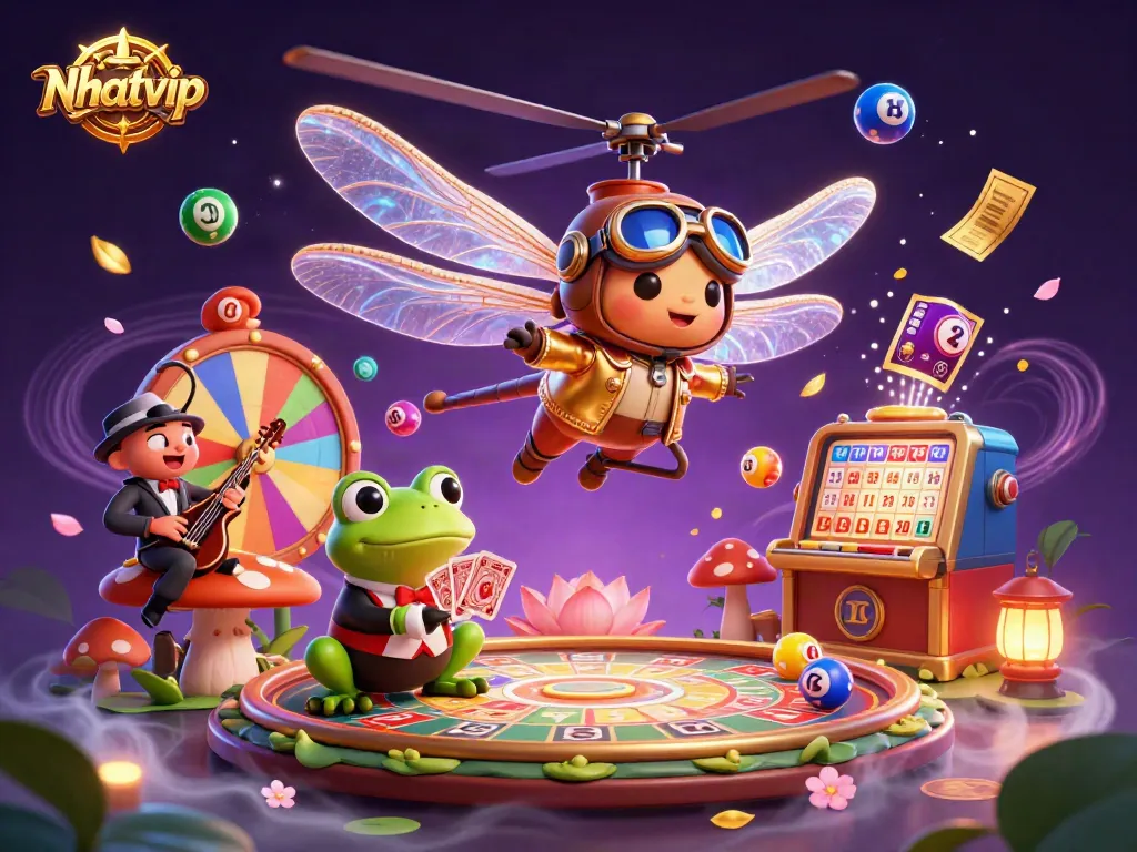Engage with Nhatvip's thrilling dynamic gaming scene featuring a dragonfly pilot and frog croupier.