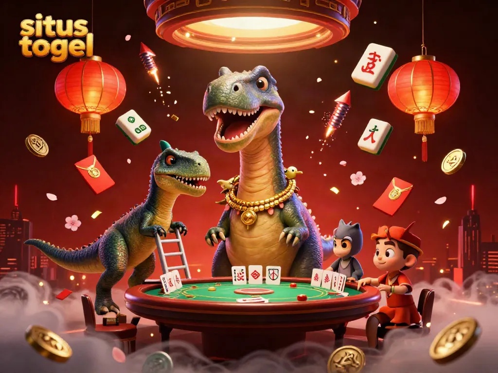 Engage with situs togel in a vibrant casino scene featuring a brontosaurus and clever raptor.