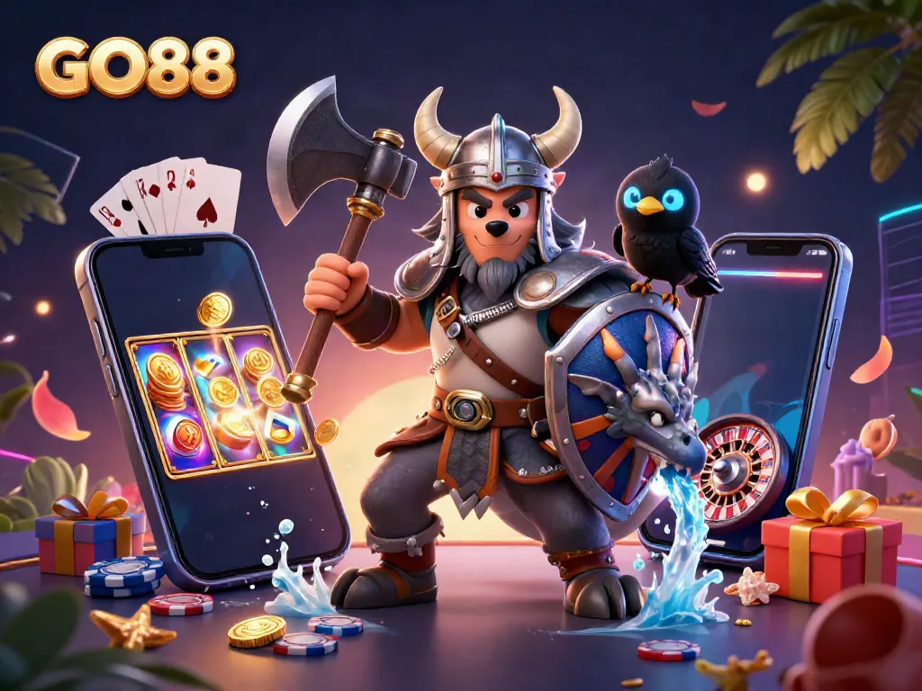 Experience dynamic gambling action with GO88 in a vibrant Viking-themed 3D scene.